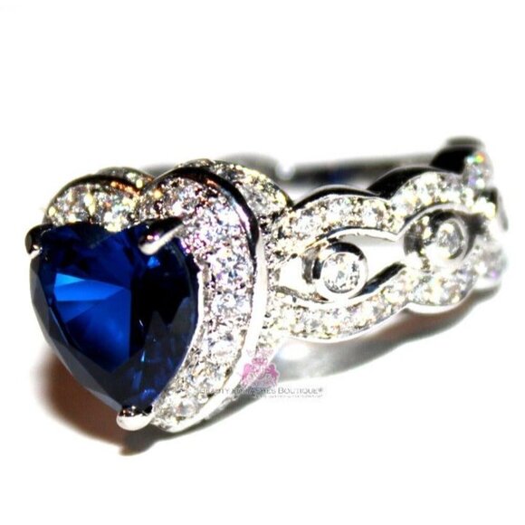 Heart for Jerusalem Deep Sapphire Blue Cz 18K White Gold Plated Cocktail Ring 8 - Picture 5 of 8